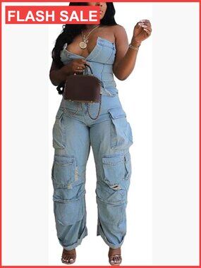 Strapless Cargo Denim Jumpsuit Wide Leg Multi Pockets Baggy Jean Romper